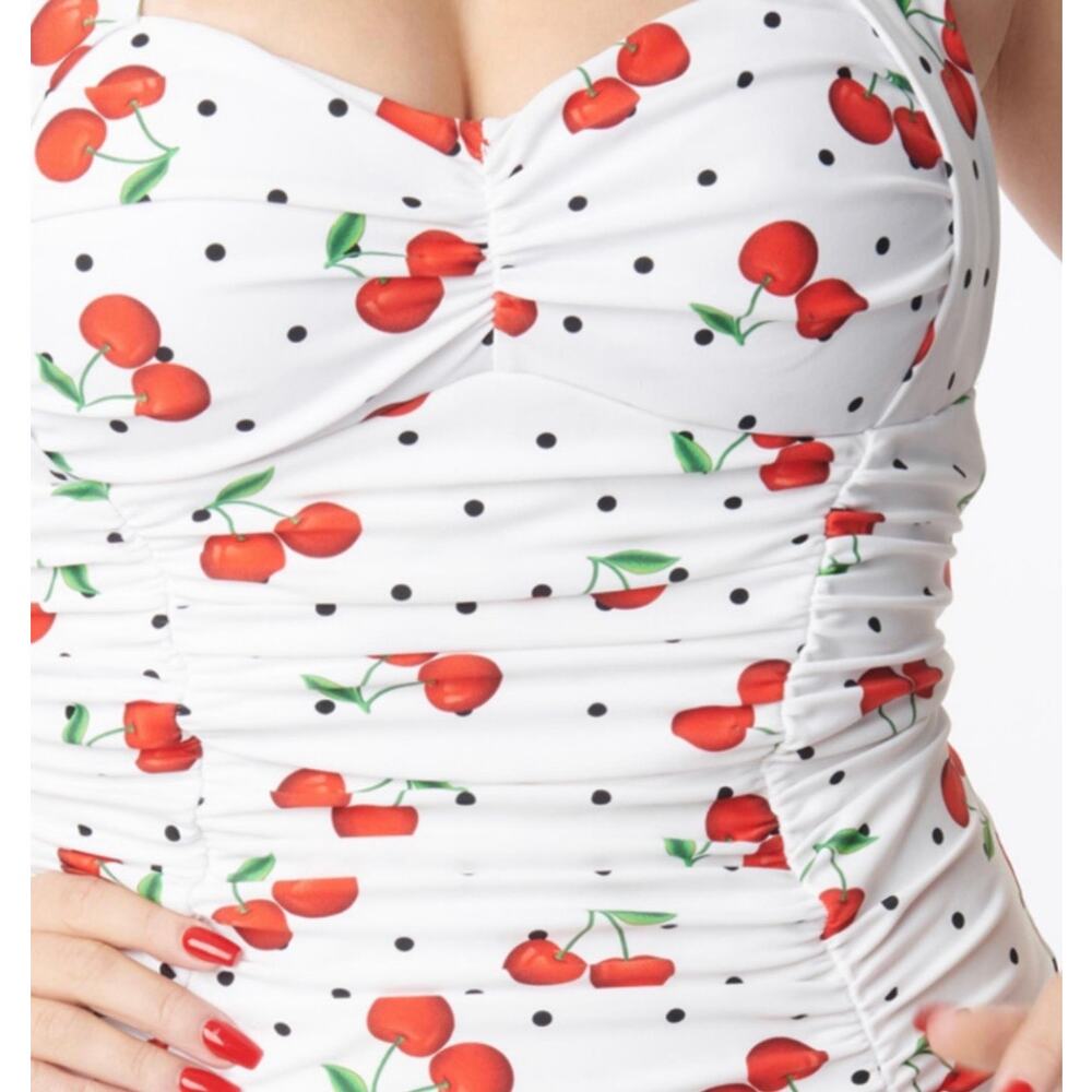 Unique Vintage White Cherry Print One-Piece Swimdress - Picture 2 of 7